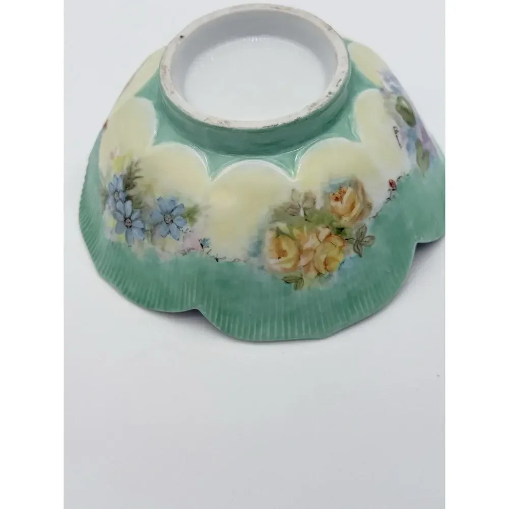 Vintage Hand Painted Floral Porcelain Scalloped Bowl Artist Signed 8 Inch